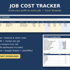 Op de afbeelding: Een Excel-sjabloon voor het bijhouden van opdrachtkosten met een spreadsheet met kolommen voor opdrachtnummer, klant, beschrijving, datums, status, prijs, arbeid, materiaal en andere kosten, inclusief een winst-dashboard.