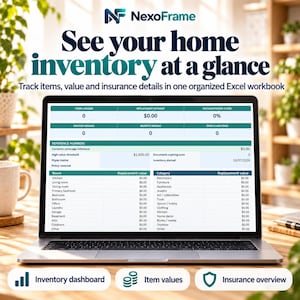 May include: A laptop screen displays the NexoFrame home inventory Excel workbook with a dashboard showing items logged, replacement estimates, and documentation scores. The interface includes sections for reference numbers, room-based tracking, and category-specific replacement values for organised home asset management.