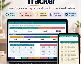 Puede incluir: Un rastreador de negocios de reventa digital mostrado en una laptop y una tablet. La interfaz incluye secciones para inventario, ventas, pagos y ganancias, con tablas que muestran datos de plataformas en un diseño organizado.