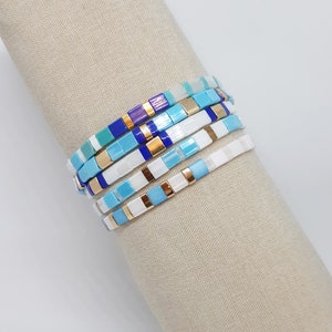 Miyuki Tila Stackable Bracelets in Light Blues, Royal Blues, Whites and Gold Accents, Select Your Colors and Size