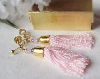 Reserved Blush Pink Tassel Earrings, with Clip on Backings