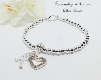 Silver Plate Beaded Bracelet with Rhinestone Heart and Initieal