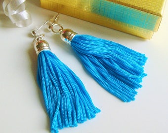 Turquoise Tassel Earrings, with Gold or Silver Plated Bead Caps and Stud Posts