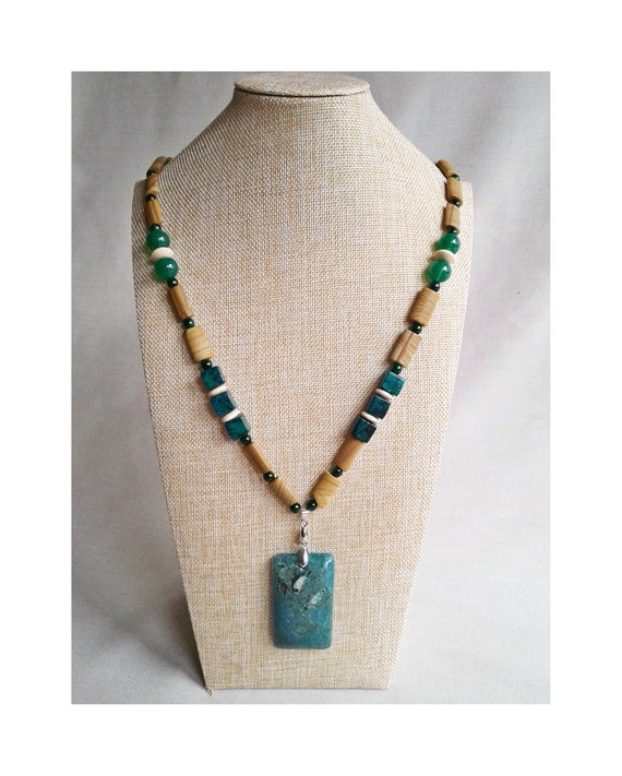 Green and Brown Swirled Lampwork and Wood Bead Necklace Sterling Silver Adjustable - Made in the USA Green and Brown Swirled Lampwork and Wood Bead Necklace Sterling Silver Adjustable - Made in the USA
