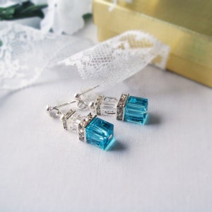 Crystal Cube Earrings, Turquoise Swarovski Cube Crystal Earrings  with Silver Plated Squardelles and Silver Stud Posts