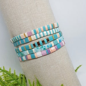 Miyuki Tila Stackable Bracelets in Turquoise Peach with Gold Accents, Select Your Colors and Size