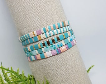 Miyuki Tila Stackable Bracelets in Turquoise Peach with Gold Accents, Select Your Colors and Size