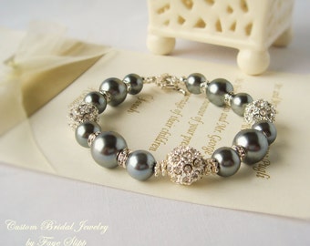 Gray and Silver, Wedding Jewelry, Glass Pearls with Rhinestone Spacers and Four Focal Alloy Shamballa,
