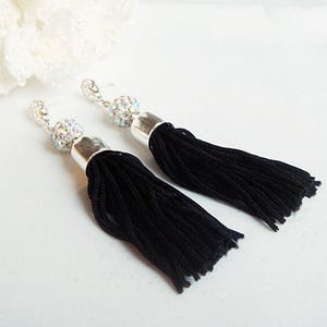 Black Tassels Earrings with Silver Plated Bead Caps Silver Shambala Beads and Silver Filigree Posts