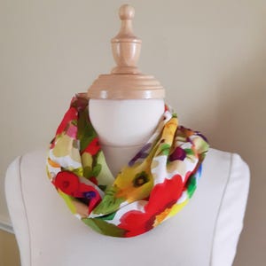 Infinity Scarf,  Abstract Floral, Red, Blue Yellow Purple and White Scarf, Polyester Infinity Scarf, Soft Drape