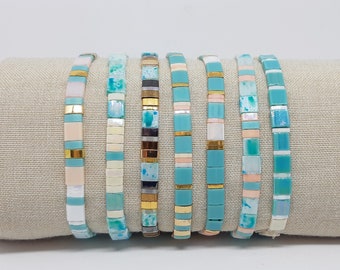 Miyuki Tila Stackable Bracelets in Turquoises, Peach and White, with Golds, You Chose your Style and Size