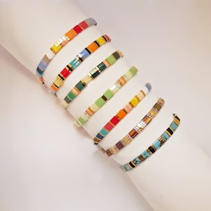 Miyuki Tila Stackable Bracelets in Rainbow Colors with Gold Spacers, You Chose your Style and Size