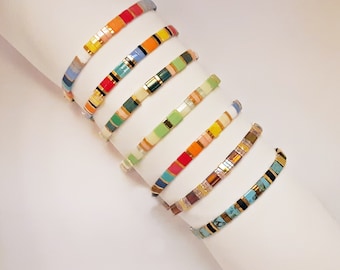 Miyuki Tila Stackable Bracelets in Rainbow Colors with Gold Spacers, You Chose your Style and Size