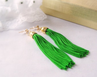 Tassel Earrings in Kelly Green with Gold Plated Bead Caps and Stud Posts