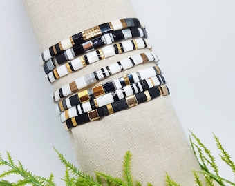 Miyuki Tila Stackable Bracelets in Black, White and Golds, Select Your Colors and Size