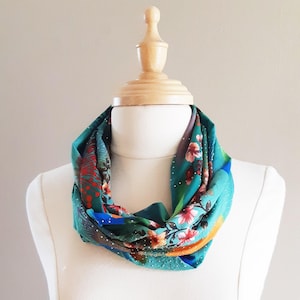 Infinity Scarf,  Abstract Floral, Dark Green, Red, and Gold with a Sprinkling of Sparkle , Polyester Infinity Scarf, Soft Drape