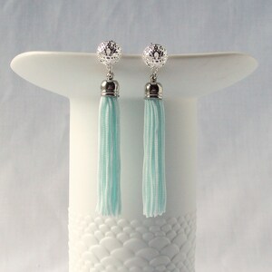 Tassle Earrings in Pale Aqua with Silver Plated Bead Caps and Filigree Stud Posts