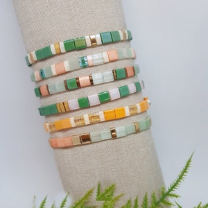 Miyuki Tila Stackable Bracelets in Pale Peach, Greens and Creams, Select Your Colors and Size