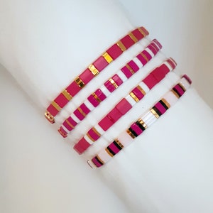 Bright Pink Miyuki Tila Bracelets, Buy Three Get the Gold One Free, Mix and Stack, Select your Size
