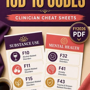 May include: Two rectangular cheat sheets titled ICD-10 CODES CLINICIAN CHEAT SHEETS. One sheet lists Substance Use with F10, F11, and F15 codes. The other lists Mental Health with F32, F41, and F43 codes. A circular badge indicates FY2026 PDF.