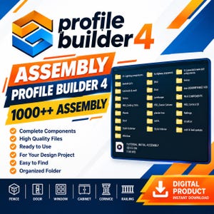 Op de afbeelding: Een digitale productadvertentie voor Profile Builder 4 met een lijst van 1000+ assemblagecomponenten. De afbeelding toont een mapstructuurinterface, oranje en blauwe geometrische accenten en iconen voor hek, deur, raam, kast, kroonlijst en reling.