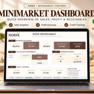 Peut inclure: Un tableau de bord numérique affiché sur un écran d'ordinateur portable intitulé NODX MINIMARKET DASHBOARD. L'interface présente des sections pour le résumé commercial, le calcul des profits, le statut de l'entreprise et les objectifs.