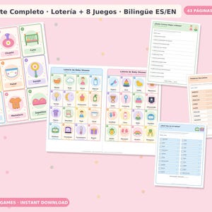 Pacchetto di giochi bilingue per baby shower stampabile, Lotteria in spagnolo e inglese + 8 giochi con soluzioni, Juegos Baby Shower Bilingües PDF