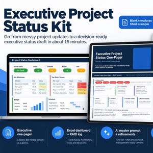 Op de afbeelding: Een Executive Project Status Kit met een laptop die een projectstatusdashboard toont, een tablet met een executive projectstatus one-pager en twee gedrukte gidsen. De tekst bevat Executive Project Status Kit, Project Status Dashboard en Executive Project Status One-Pager.