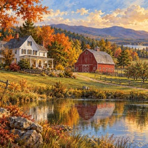 May include: A landscape painting of a white farmhouse and a red barn situated on a grassy hill during autumn. A calm pond reflects the buildings and colorful orange and yellow trees in the foreground, with mountains visible in the distance.