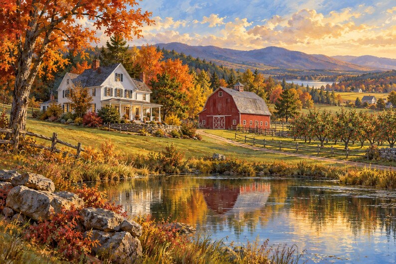 May include: A landscape painting of a white farmhouse and a red barn situated on a grassy hill during autumn. A calm pond reflects the buildings and colorful orange and yellow trees in the foreground, with mountains visible in the distance.
