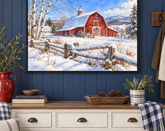 May include: A framed landscape print featuring a red barn covered in snow, situated in a winter field with a wooden fence in the foreground, birch trees to the left, and distant mountains under a clear blue sky.