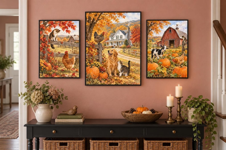 May include: A set of three framed wall art prints depicting autumn farm scenes. The images feature a golden retriever, cats, chickens, a goat, pumpkins, and a red barn surrounded by vibrant orange and yellow fall foliage in a rural landscape.
