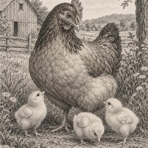 May include: A black and white pencil drawing of a hen standing in a grassy field with three small chicks. In the background, a wooden barn, a fence, and a large tree are visible. The scene is set in a rural landscape with wildflowers.
