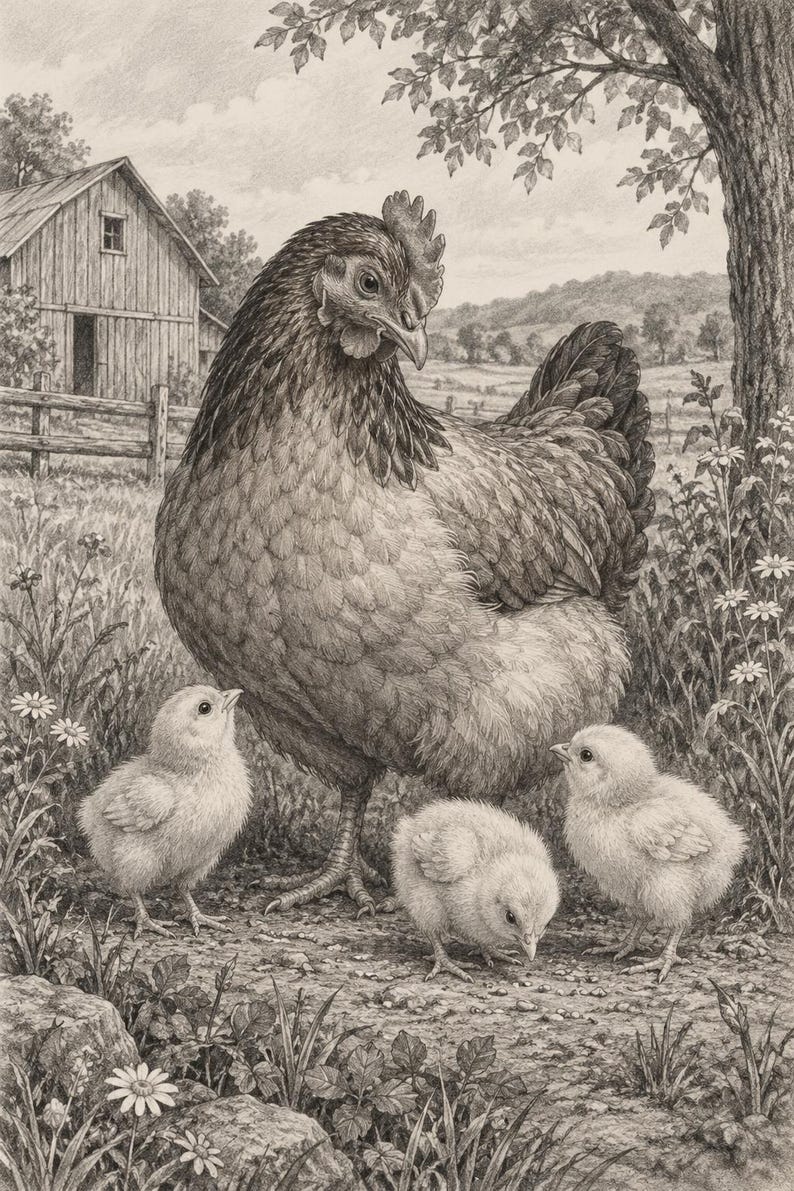 May include: A black and white pencil drawing of a hen standing in a grassy field with three small chicks. In the background, a wooden barn, a fence, and a large tree are visible. The scene is set in a rural landscape with wildflowers.