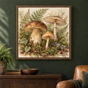 Op de afbeelding: Een vierkante ingelijste kunstdruk met een gedetailleerde illustratie van drie bruine paddenstoelen tussen groene varens, mos en gevallen bladeren. Het kunstwerk toont een natuurlijk bosbodemtafereel met aardse tinten en texturen.