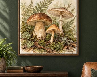 May include: A square framed wall art print featuring a detailed illustration of three brown mushrooms nestled among green ferns, moss, and fallen leaves. The artwork displays a natural forest floor scene with earthy tones and botanical textures.