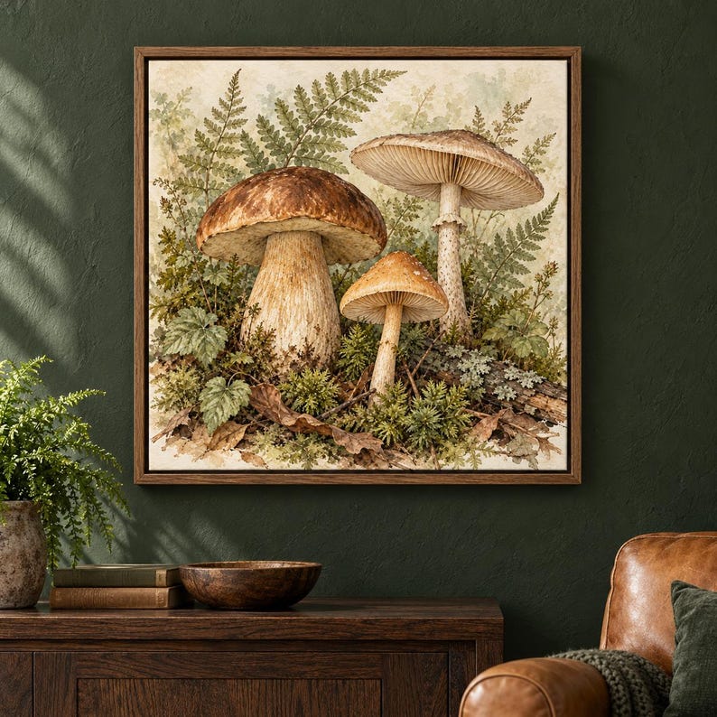 Op de afbeelding: Een vierkante ingelijste kunstdruk met een gedetailleerde illustratie van drie bruine paddenstoelen tussen groene varens, mos en gevallen bladeren. Het kunstwerk toont een natuurlijk bosbodemtafereel met aardse tinten en texturen.