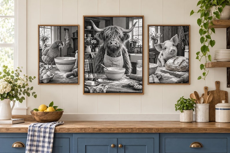 May include: A set of three black and white framed wall art prints depicting a chicken, a Highland cow, and a piglet in a kitchen setting. Each animal is shown interacting with baking ingredients like bowls, flour, and dough on a wooden table.