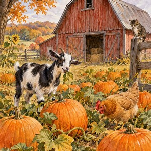 May include: A watercolor painting of a black and white goat standing in a pumpkin patch with a brown chicken, a tabby cat on a wooden fence, and a red barn in the background under a tree with orange autumn leaves.