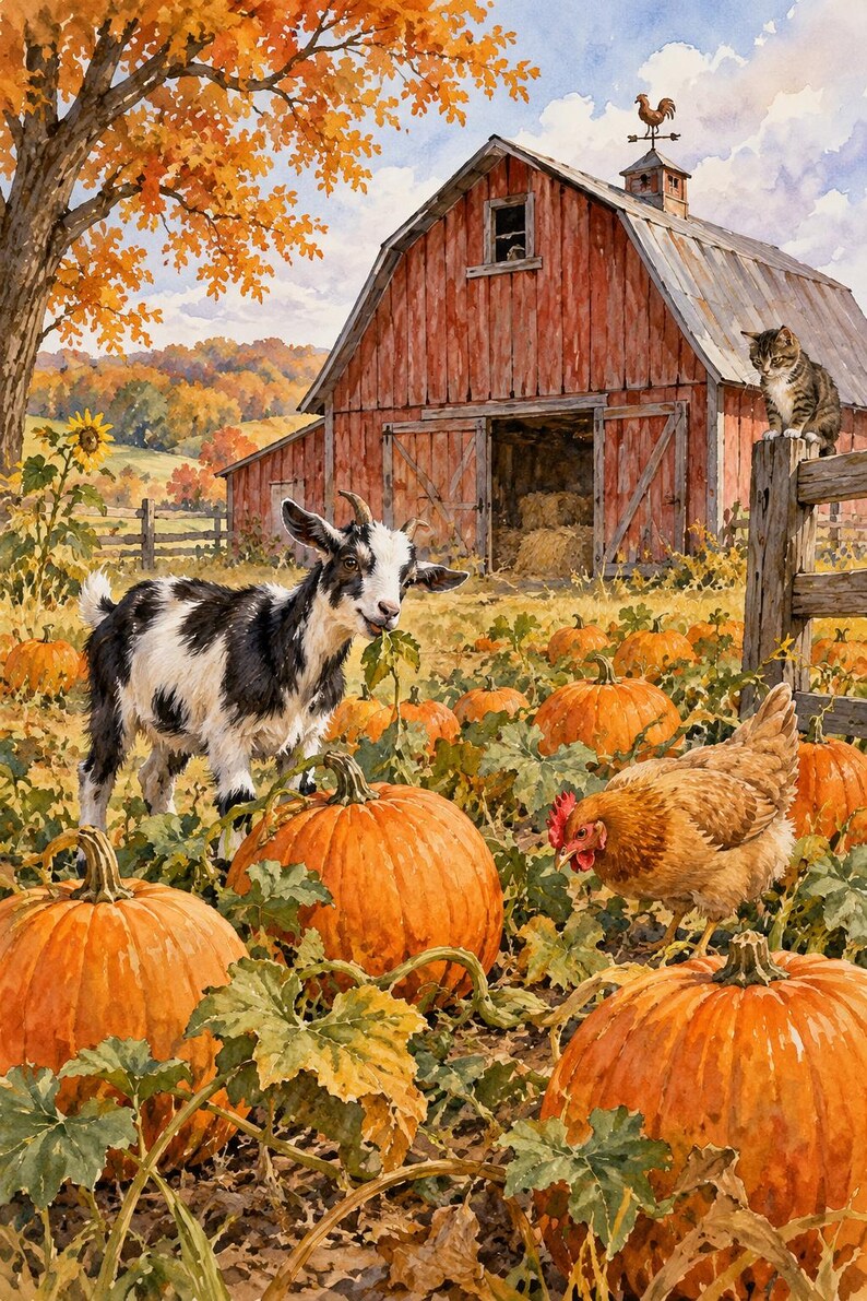 May include: A watercolor painting of a black and white goat standing in a pumpkin patch with a brown chicken, a tabby cat on a wooden fence, and a red barn in the background under a tree with orange autumn leaves.