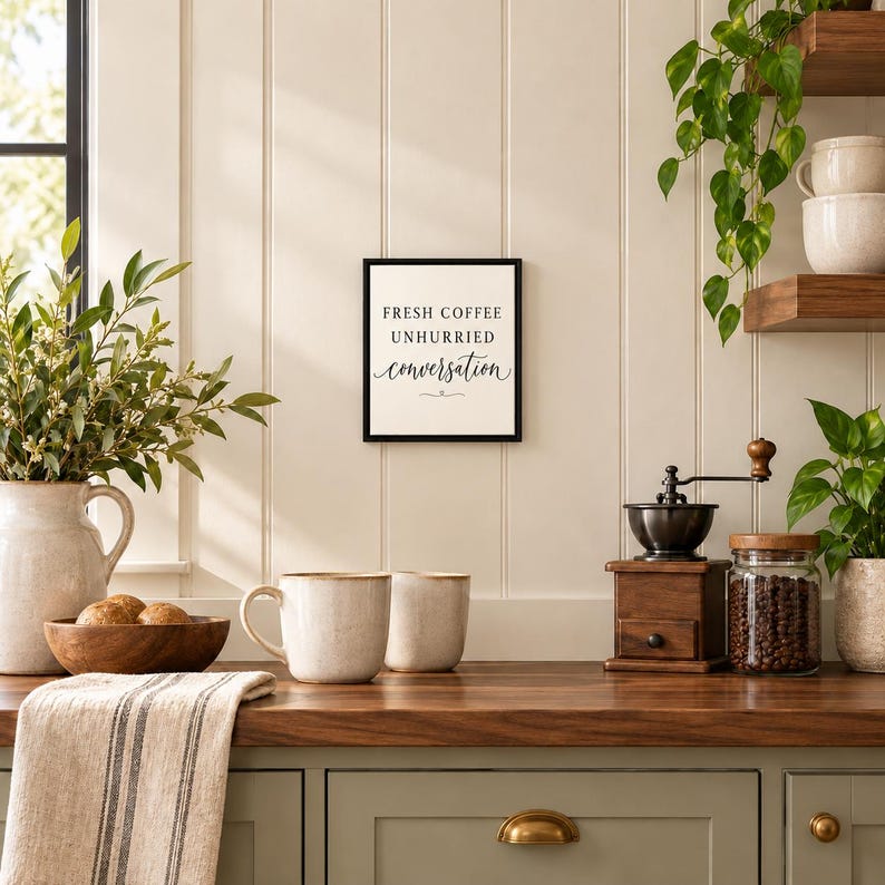 May include: A square wall sign with a black frame and white background featuring the black text FRESH COFFEE UNHURRIED conversation. The sign is displayed on a panelled wall above a wooden countertop with mugs, a coffee grinder, and plants.