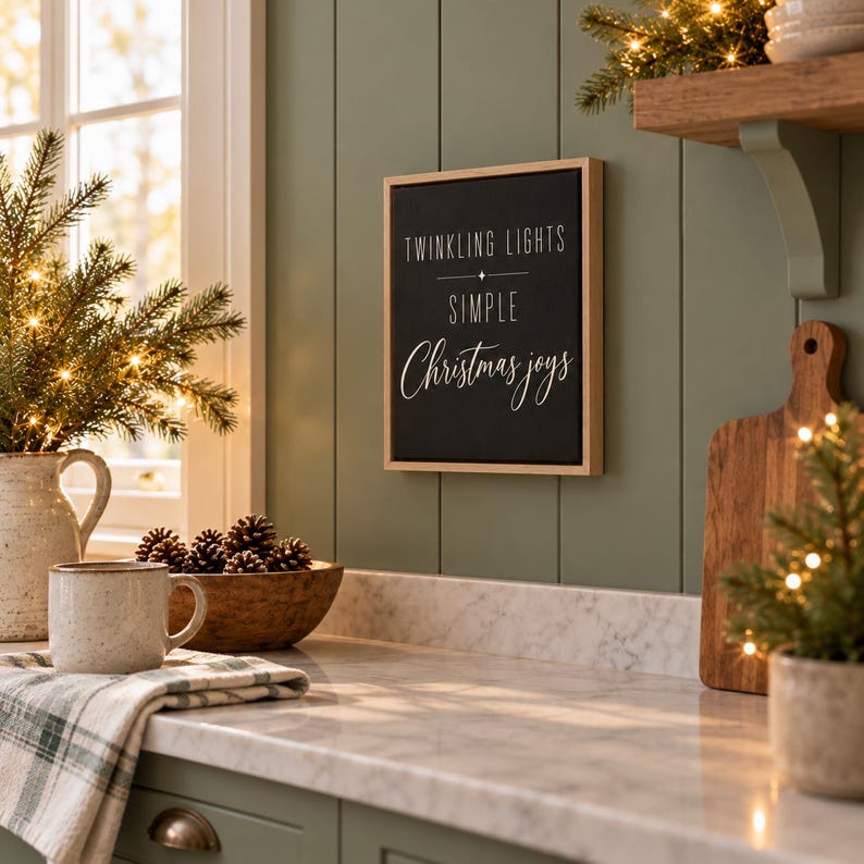 May include: A rectangular wall sign with a light wood frame and a black background featuring the white text TWINKLING LIGHTS, SIMPLE, and Christmas joys, displayed on a green paneled wall above a marble countertop.