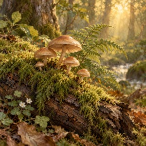 Pu&ograve; includere: Un gruppo di funghi marrone chiaro con lamelle visibili che crescono su un tronco coperto di muschio. La scena include fronde di felce verdi, piccoli fiori bianchi e foglie secche, il tutto illuminato da una calda luce solare dorata.
