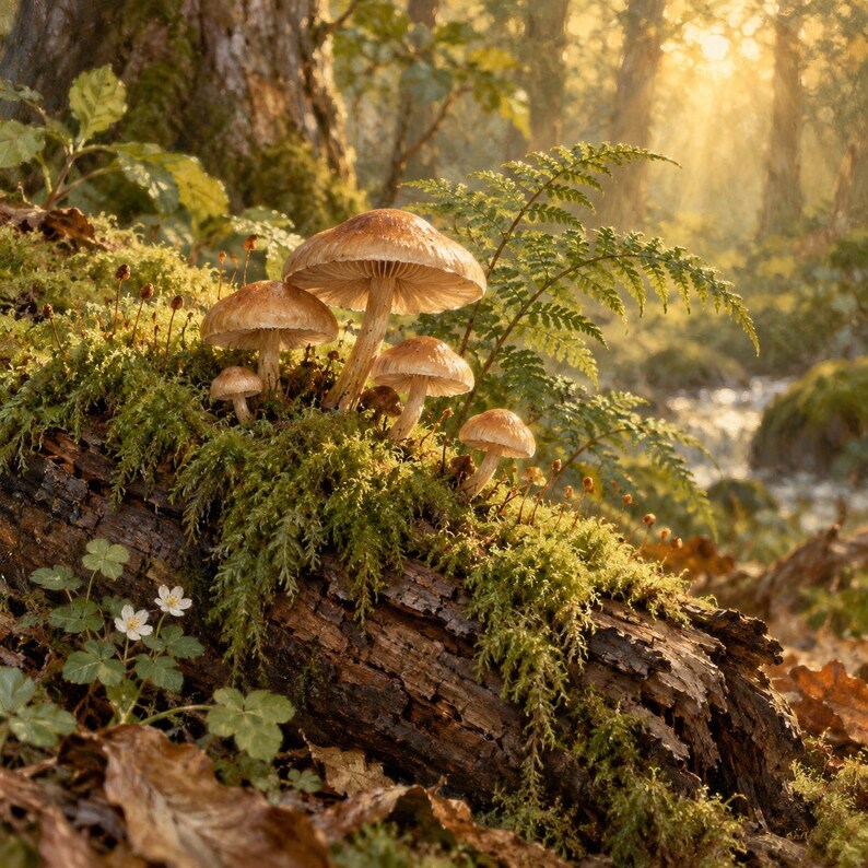 Pu&ograve; includere: Un gruppo di funghi marrone chiaro con lamelle visibili che crescono su un tronco coperto di muschio. La scena include fronde di felce verdi, piccoli fiori bianchi e foglie secche, il tutto illuminato da una calda luce solare dorata.