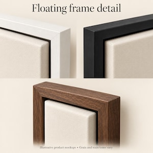 May include: Floating frame detail showing three canvas frames in white, black, and dark wood finishes. Each frame features a textured off-white canvas panel set within a recessed border. Text reads: Floating frame detail and Illustrative product mockups &bull; Grain and stain tones vary.