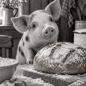 May include: A black and white photograph of a small piglet with flour on its snout standing next to a round loaf of crusty bread on a wooden cutting board. A bowl of flour and a rolling pin are visible on the rustic kitchen table surface.