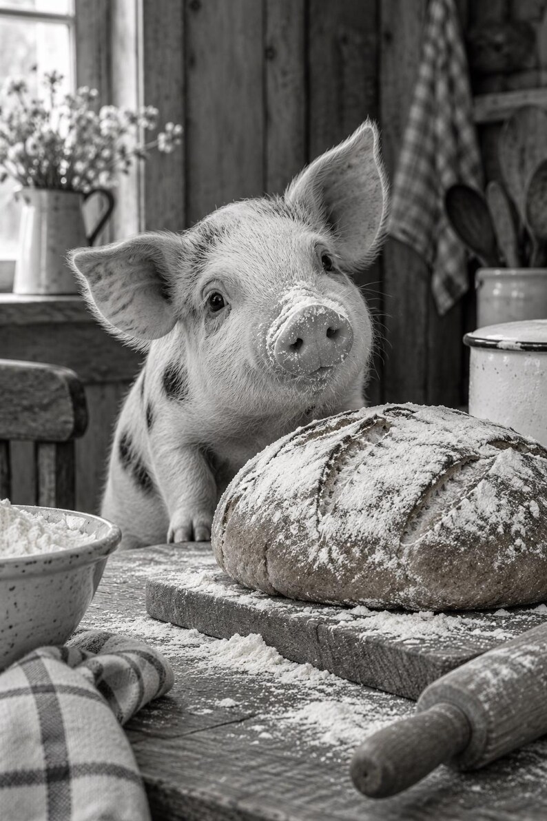 May include: A black and white photograph of a small piglet with flour on its snout standing next to a round loaf of crusty bread on a wooden cutting board. A bowl of flour and a rolling pin are visible on the rustic kitchen table surface.