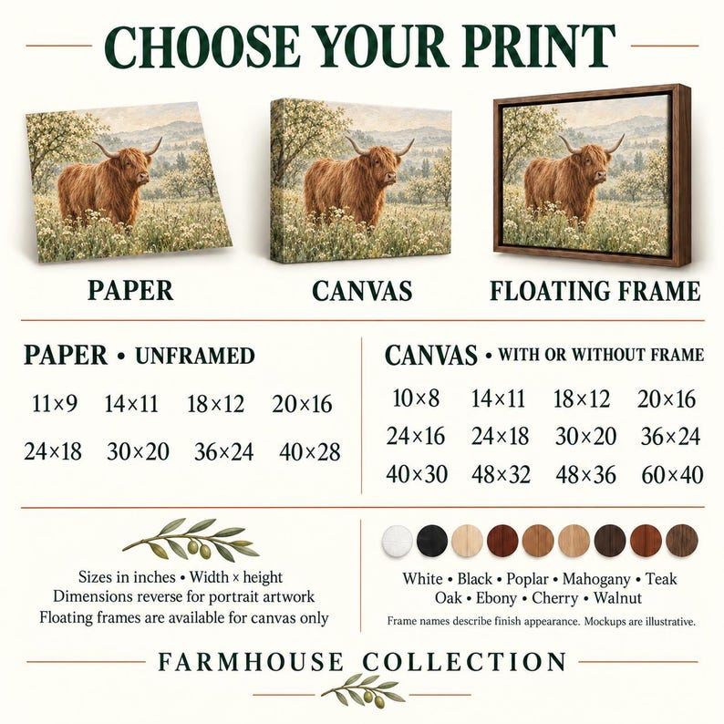 Puede incluir: Una muestra de producto con tres opciones de impresi&oacute;n: papel, lienzo y marco flotante, todas con una vaca Highland en un campo. El texto incluye CHOOSE YOUR PRINT, tama&ntilde;os en pulgadas y una lista de acabados de marco: White, Black, Poplar, Mahogany, Teak, Oak, Ebony, Cherry, Walnut.