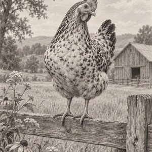 May include: A detailed monochromatic pencil drawing of a speckled hen standing on a weathered wooden fence rail. The chicken has a prominent comb and wattles, with a rural landscape featuring a barn and trees in the background.