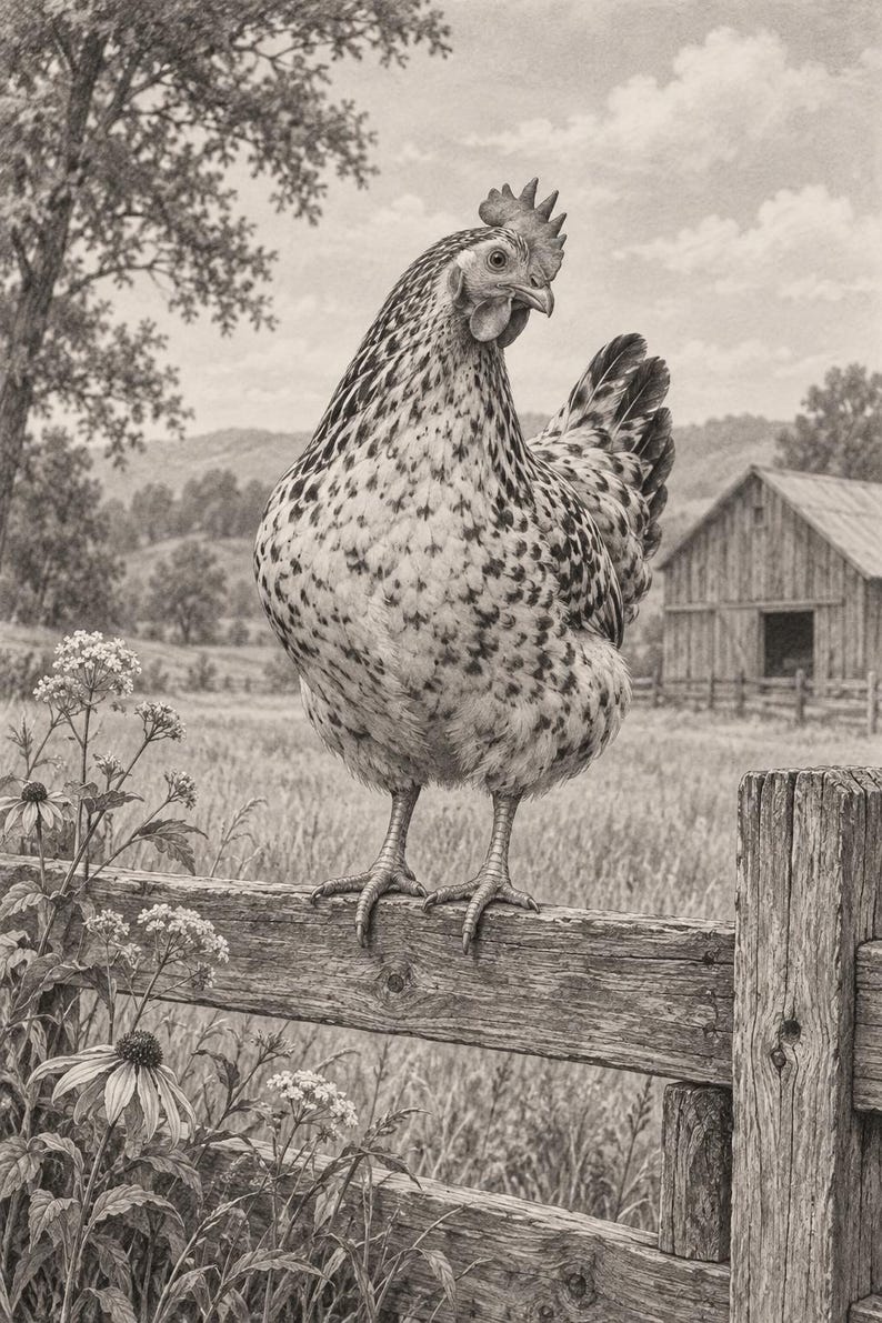 May include: A detailed monochromatic pencil drawing of a speckled hen standing on a weathered wooden fence rail. The chicken has a prominent comb and wattles, with a rural landscape featuring a barn and trees in the background.